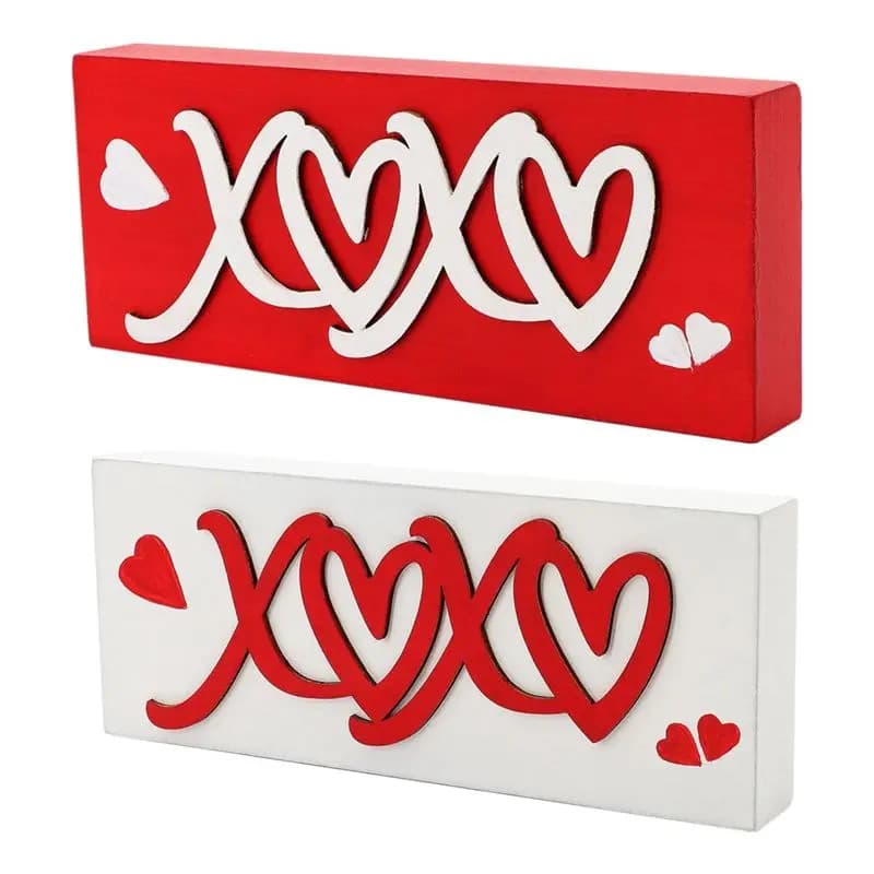 A20F-Decorazioni per San Valentino, Insegna con bacio di San Valentino, Set di 2 blocchi in legno, Decorazioni per San Valentino