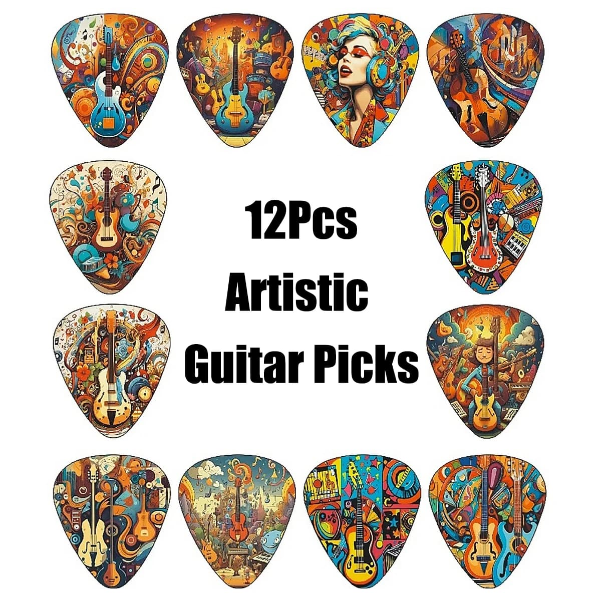 Miwayer 12Pcs Pop Art Psychedelic Guitar Picks – 0.71mm, Hippie Retro Graffiti Design, High Saturation Colors, for Rock &Collect