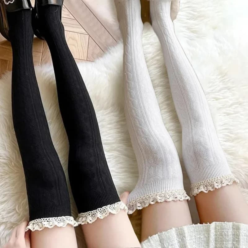 Calzini lunghi al ginocchio con lacci Lolita per donna sopra il ginocchio calze alte alla coscia primavera autunno moda ragazze collant caldi sexy in cotone JK