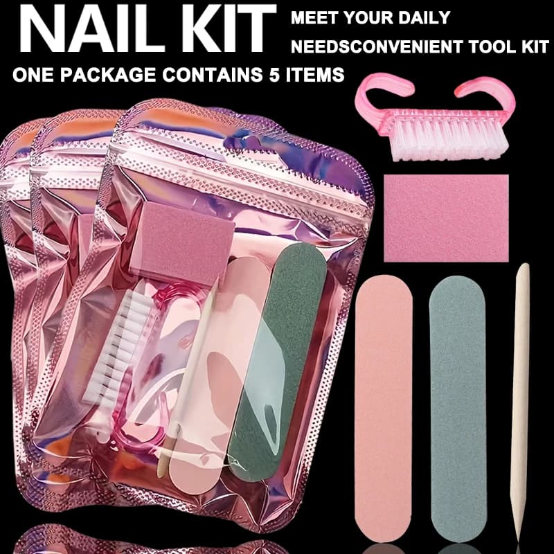 Set Manicure 5 Pezzi Portatile con Lima per Unghie, Buffer, Blocchi per Levigatura e Lucidatura, Spazzola per Polvere e Spugna per Pedicure