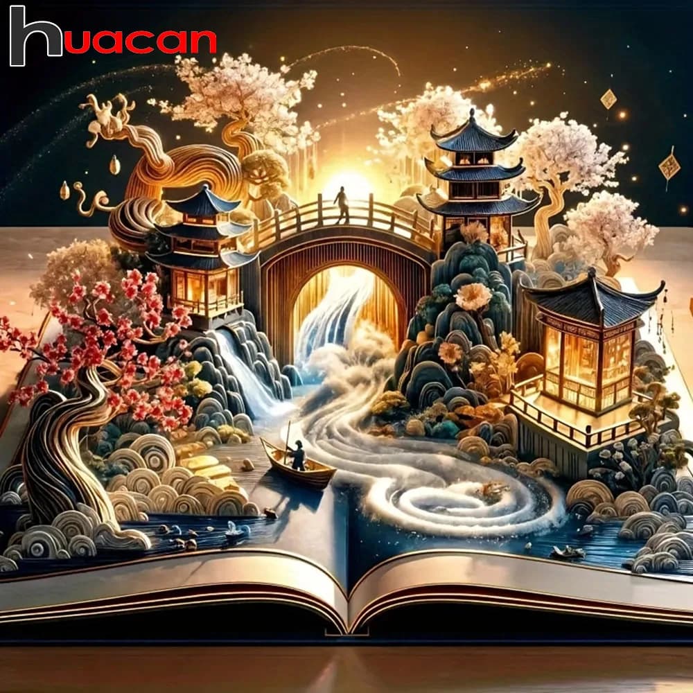 Huacan 5D pittura diamante fai da te barca fiume cascata diamante mosaico paesaggio nuova collezione 2025 dipinti decorativi