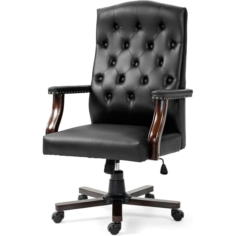Sedia da Ufficio Direzionale in Pelle con Schienale Alto e Supporto per la Testa, Design Ergonomico con Finiture Decorative (Nero)