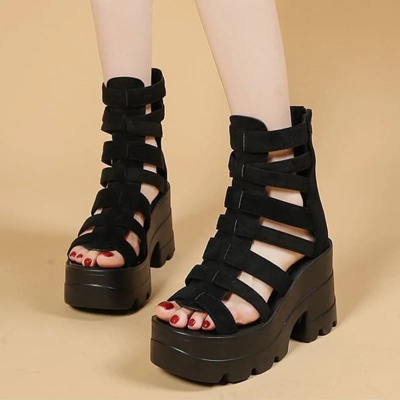 New 2026 Super High Heel Sandals Shoes Women Summer Round Toe Patent Leather Platform Cutout Breathable Block Heel Roman Sandals