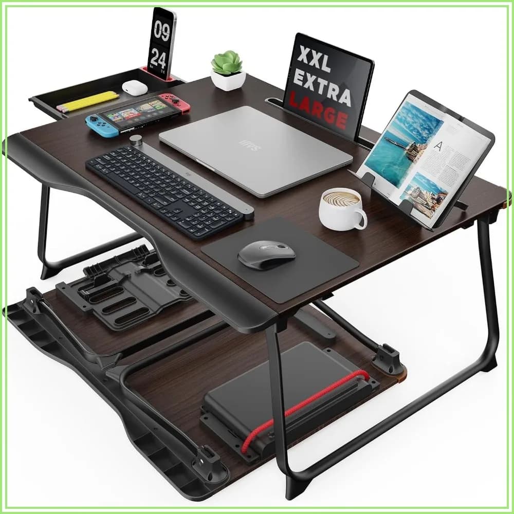 XX-Large Foldable Bed Tray Table with Storage Drawer, Handrest, Bookstand, Tablet Stand, Phone Stand - Ideal for Eating, Writing, Working, Gaming (Black Cherry)