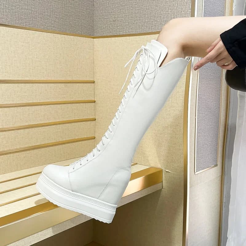 2026 Autumn Winter Women Boots Soft Leather Lace Up Ladies Knight Long Boots Casual Thick Sole Knee-high Boots Women's Designer