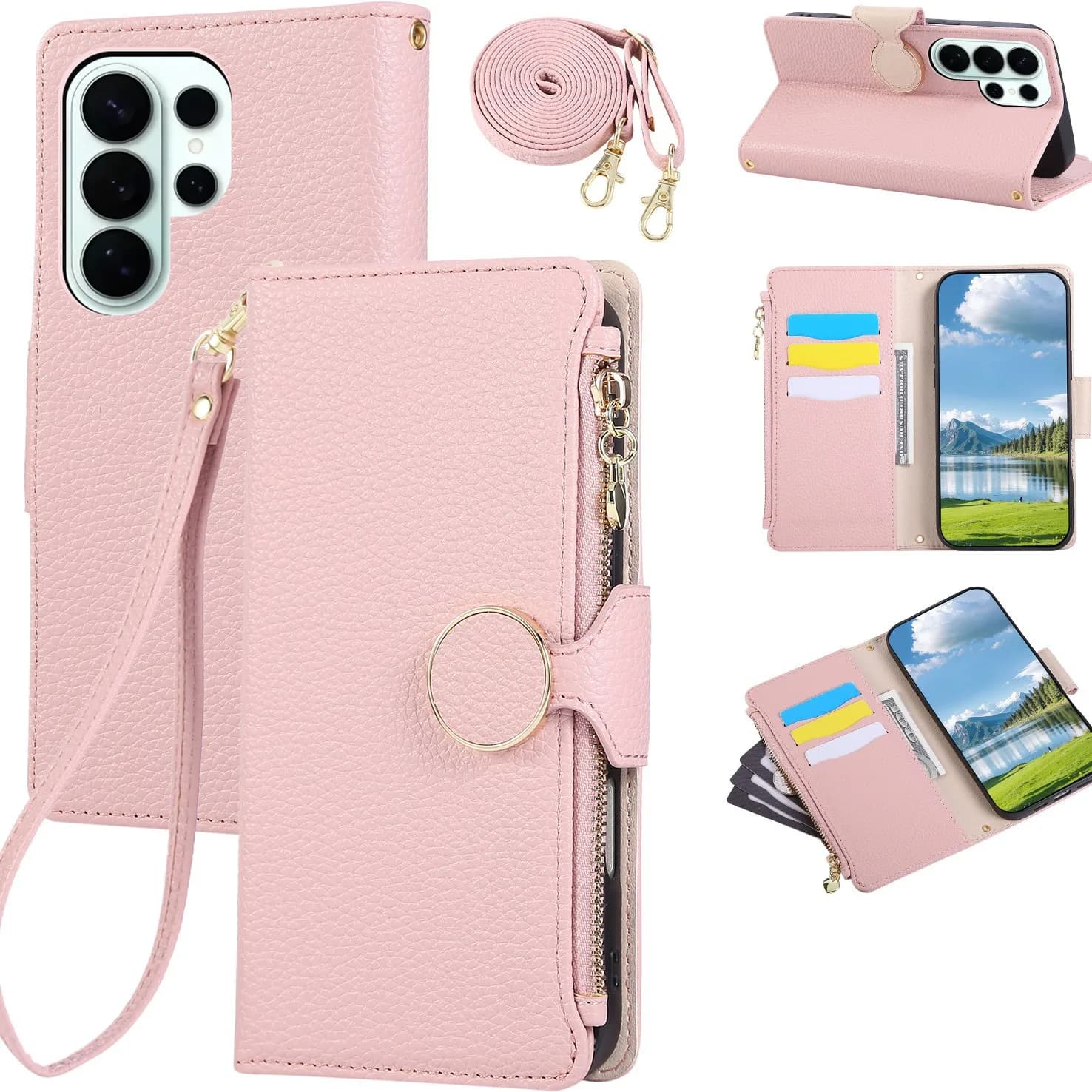 Applicable to Samsung S26 Ultra zipper wallet case. S26 women's solid color round snap cover flip-top artificial leather bag.