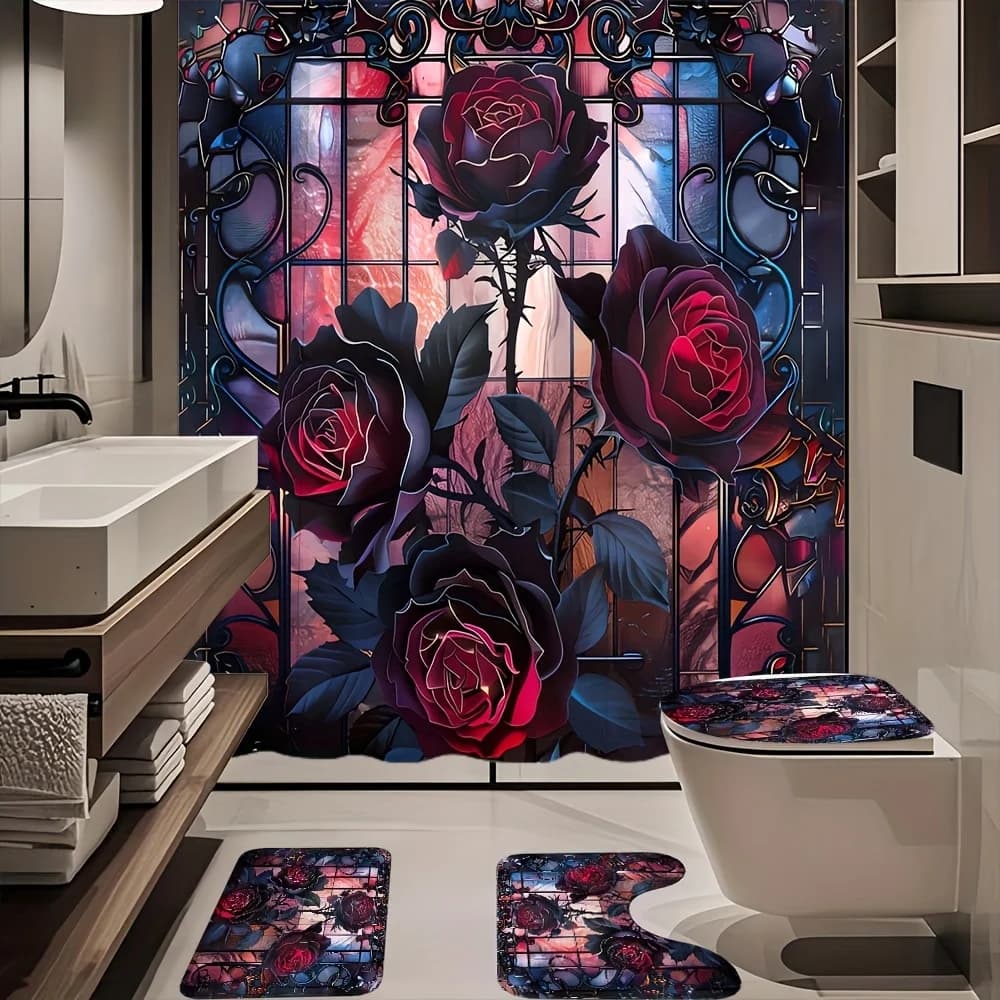 1/4pcs Gothic Rose Pattern Shower Curtain, Shower Curtain Set, Waterproof Polyester Shower Curtain with 12 Hooks, Non Slip Floor Mat, Toilet U-shaped Pad, Toilet Lid Pad, Room Decor, Bathroom Accessory Sets, Bathroom Decor 71x71 Inches