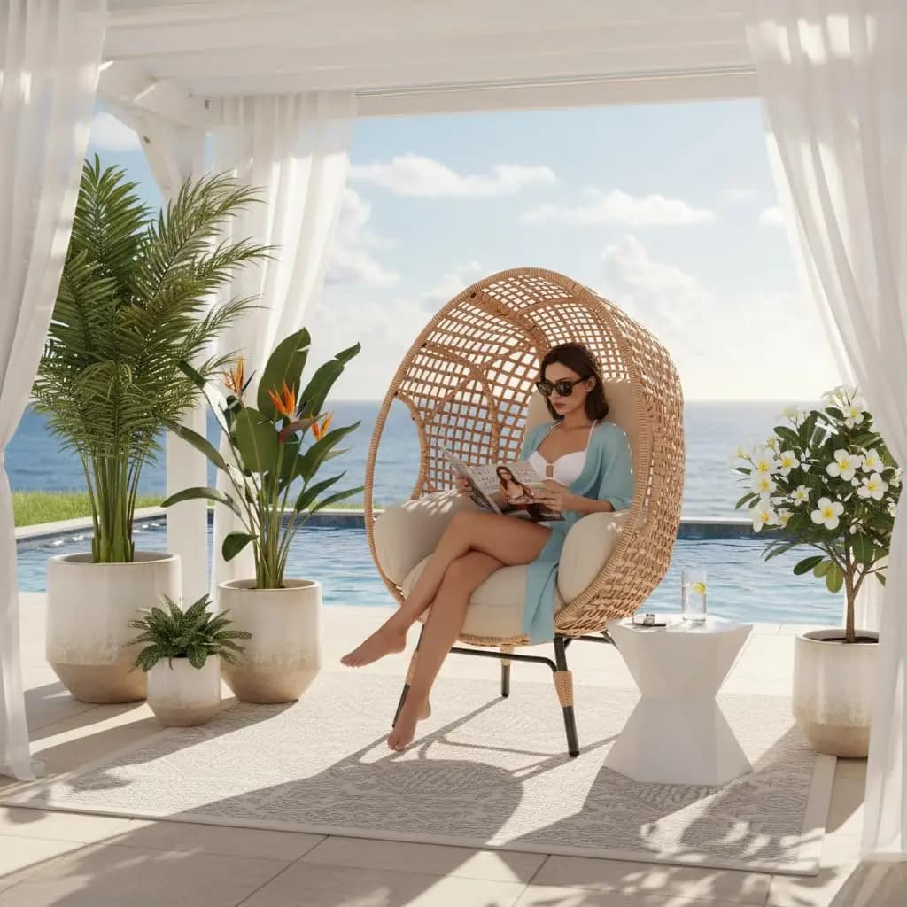 Elegant Arc Back Hanging Egg Chair, 400lb Capacity Patio Swing with 8-Inch Cushion, PE Rattan Indoor Outdoor Chair, Custom