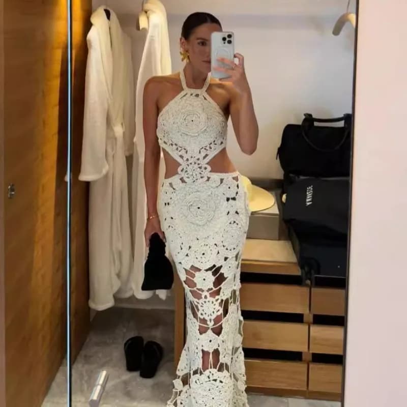 Hand Crochet Floral Hollow Out Vacation Beach Maxi Dress Women Knitted Lace Up Halter Backless Holiday Party Long Robes Cover Up