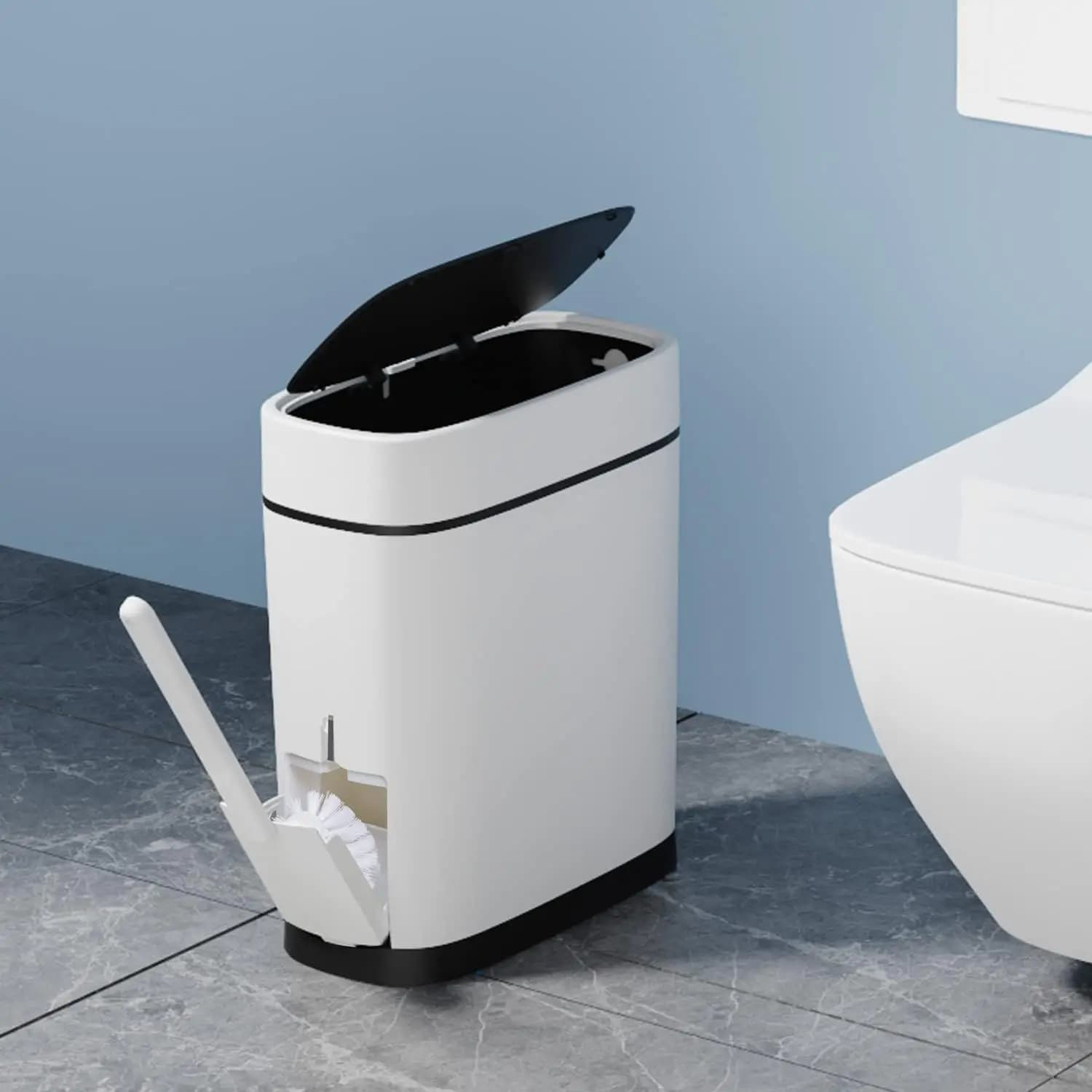 Bidone della spazzatura in plastica con porta scopino, coperchio superiore con chiusura nera, rettangolare, pattumiera da bagno, bianco, 14 litri