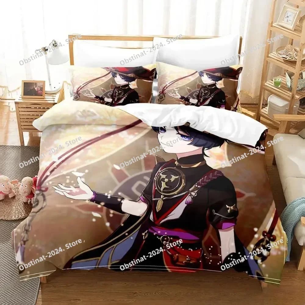Game Genshin Impact Scaramouche Set printed bedding with pillowcase Cover soft single double Queen Super King Size