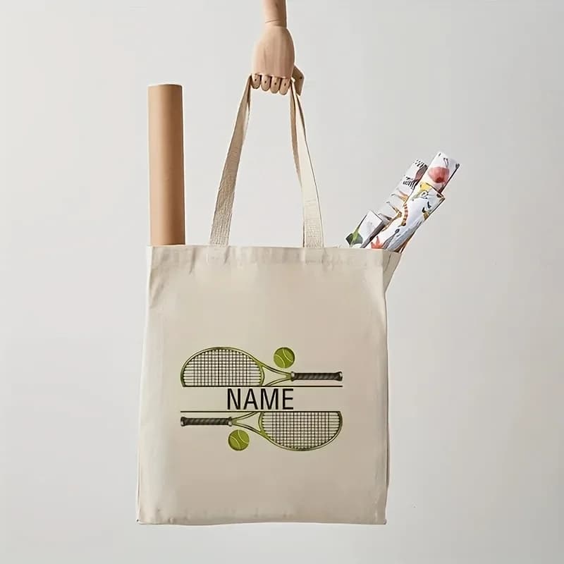 Personalized Tennis Tote Bag Custom Name Text Tennis Racket and Ball Design Beige with Black Lettering Gift for Tennis Coaches