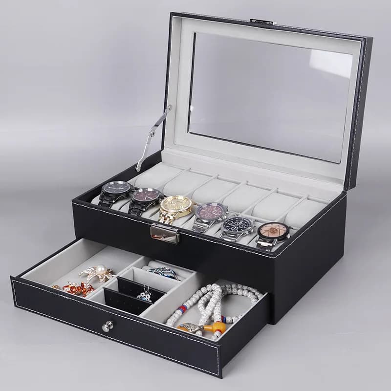 Moda casual 12 slot doppio strato in pelle PU con serratura display scatole portaoggetti orologi organizzatore per donna uomo