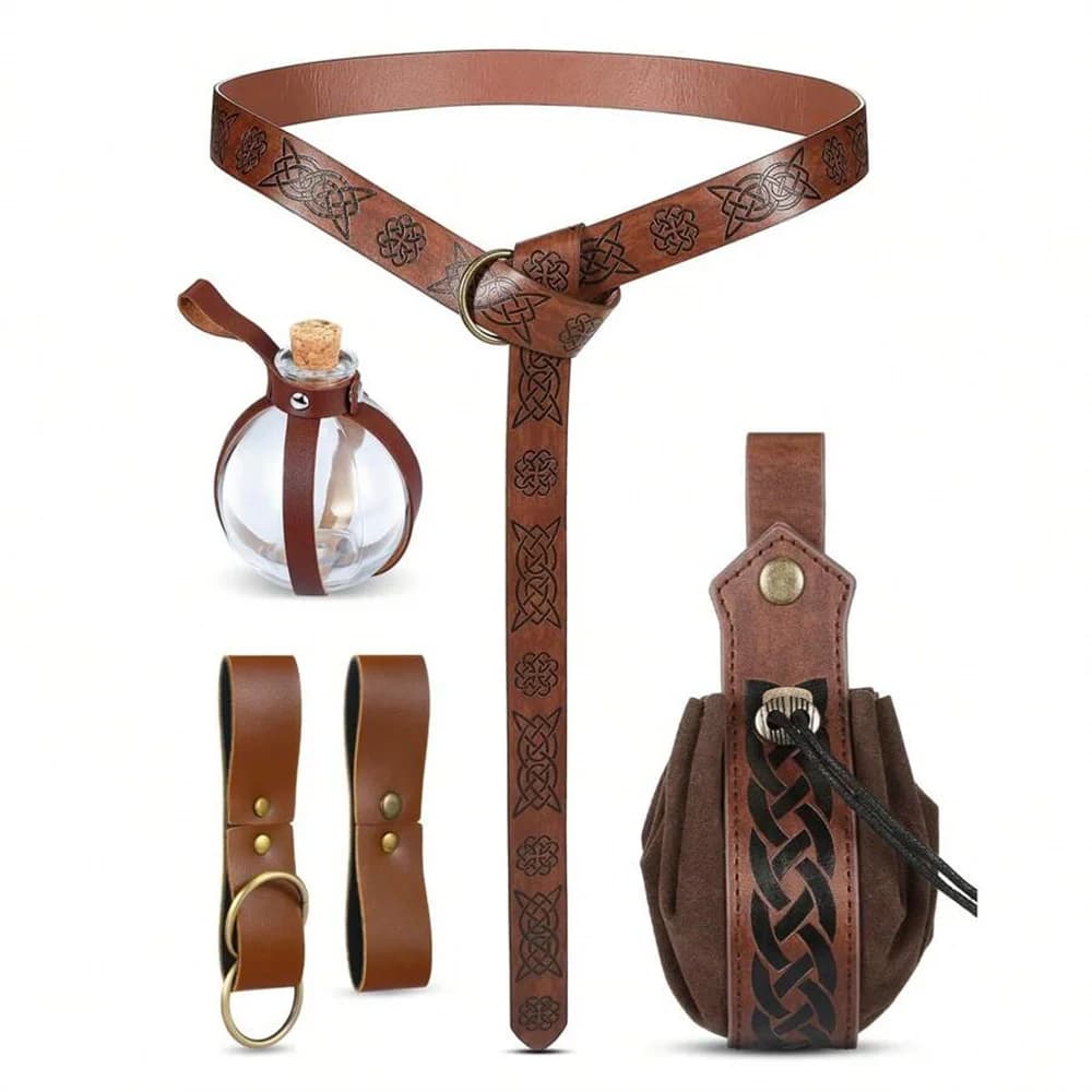 Set of accessories for Halloween costumes with medieval belt without glass bottles and punching details for Renaissance fairs