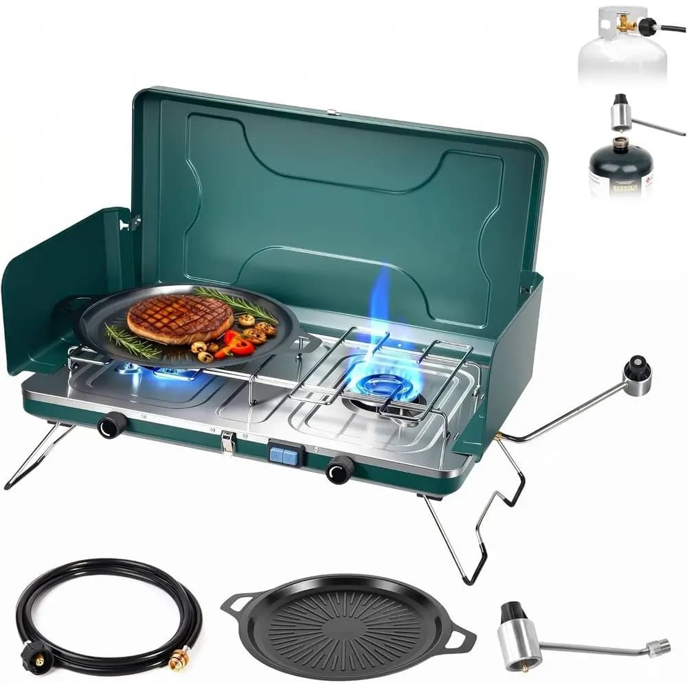 Portable 20,000 BTU Dual Burner Propane Camping Stove with Adjustable Burners, Ignition, and Wind Guards for Outdoor Cooking
