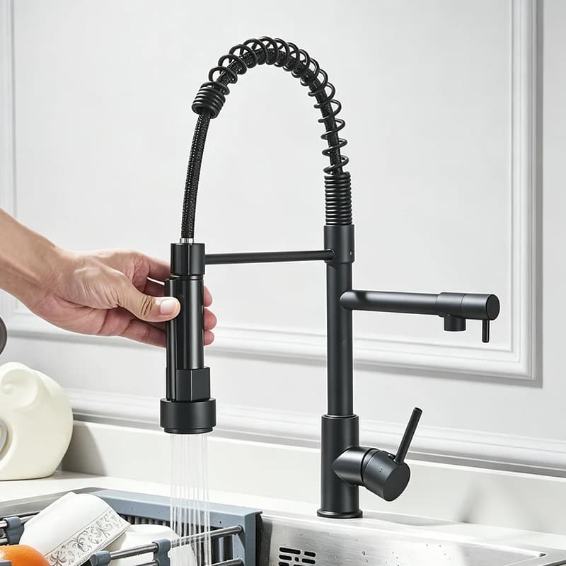 Rozin Black Kitchen Faucet Spring Pull Down Sprayer Hot & Cold Water Mixer Crane Tap with 360 Swivel Dual Spout Deck Mounted