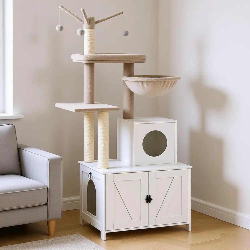Torre per Gatti con Lettiera Integrata, Condominio per Gatti da Interno in Legno con Tiragraffi, Lettiera Nascosta, Tutto in Uno