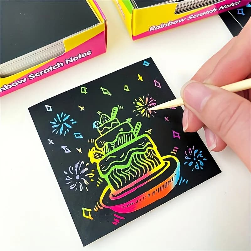 100 Pezzi di Note da Grattare Arcobaleno, Scopri Disegni Nascosti, Colori Vivaci, Carte Nere Creative per Pittura, Regali Fatti a Mano per Compleanni