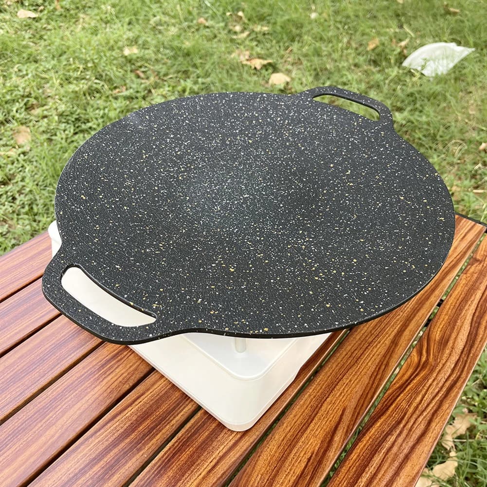 Piatti da forno Padelle Piastra per pancake piatta rotonda Vassoio per barbecue antiaderente con clip per alimenti Manico antiscottatura Forniture da cucina da campeggio