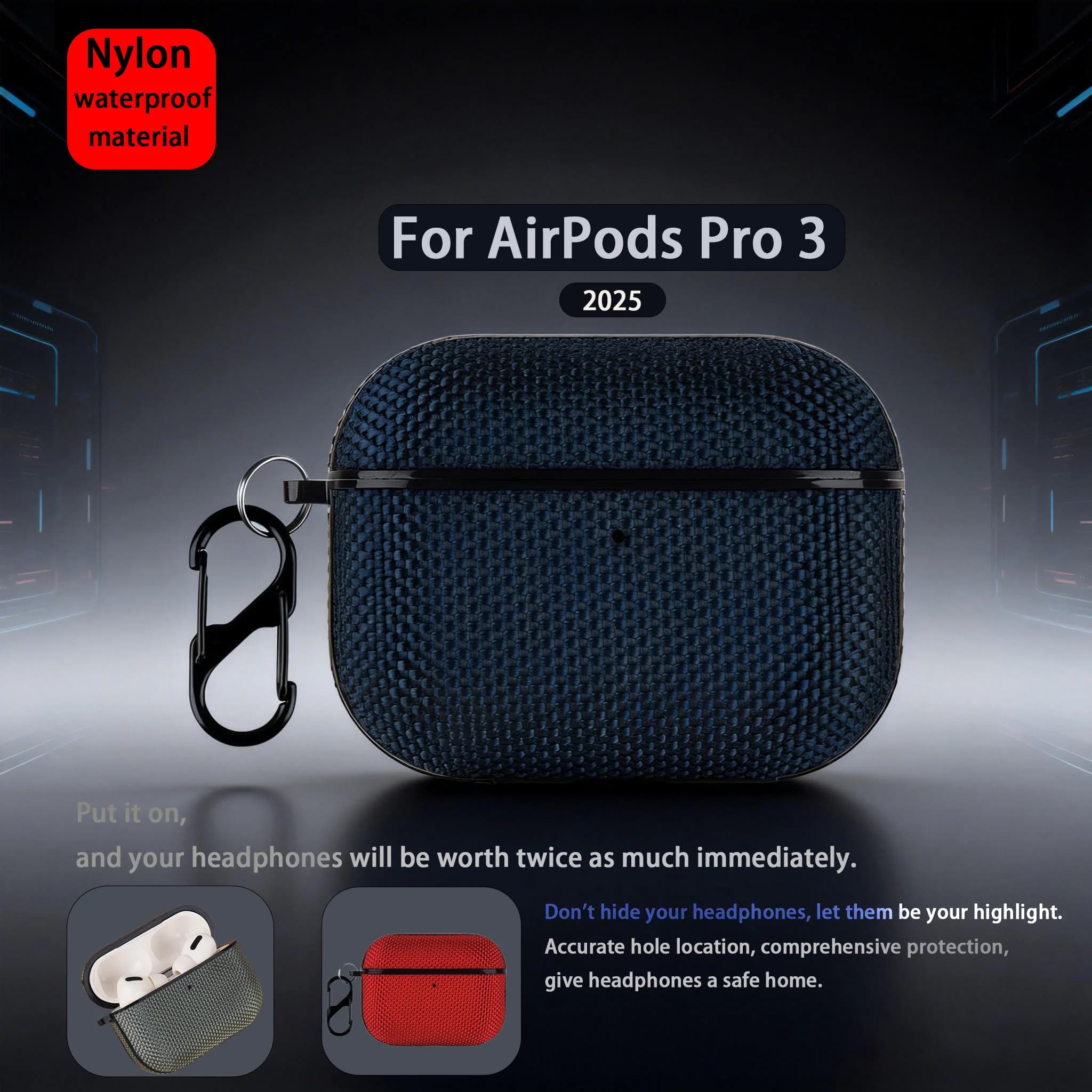 per AirPods Pro 3 Custodia impermeabile modello in nylon con portachiavi Accessori protettivi per la pelle completa per AirPods Pro 3 Custodia protettiva