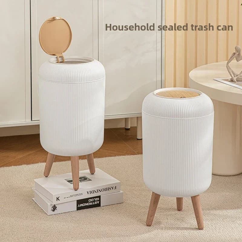 High Foot Press Trash Can with Wood Grain Cover, Removable Legs for Kitchen Bathroom Office Home Use
