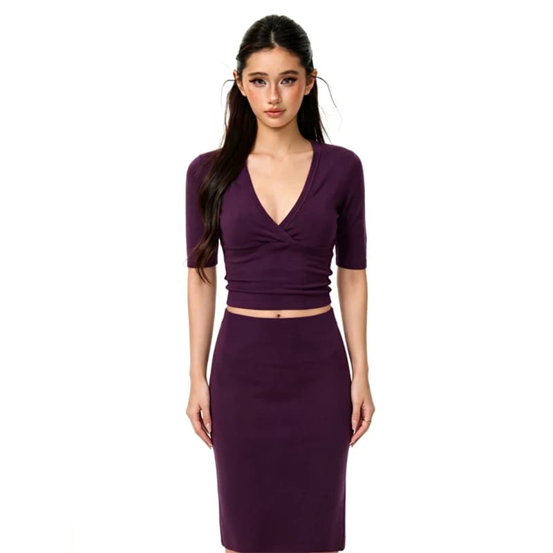 Women French V-Neck Half Sleeve Slim Crop Top High Waist Midi Bodycon Pencil Skirt 2 Piece Outfit Set