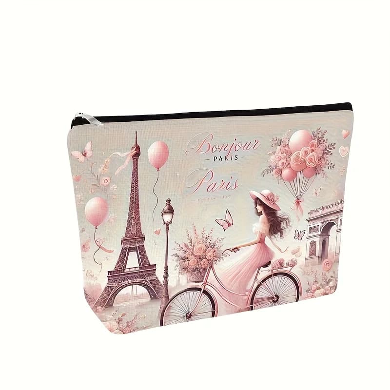 Una borsa per il trucco in stile Parigi: simpatica custodia multifunzionale con cerniera per donna, borsa per riporre gioielli
