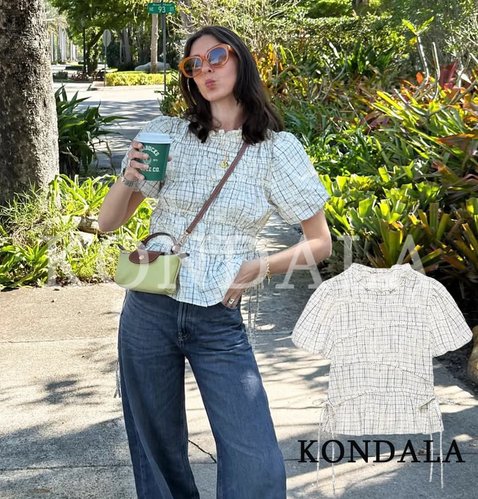 Camicia KKONDALA Trendy con Ricamo Festivo, Elegante Camicia da Donna con Fiocco Plissettato e Lacci, Collezione Primavera Estate 2026, Camicia Casual con Maniche a Sbuffo