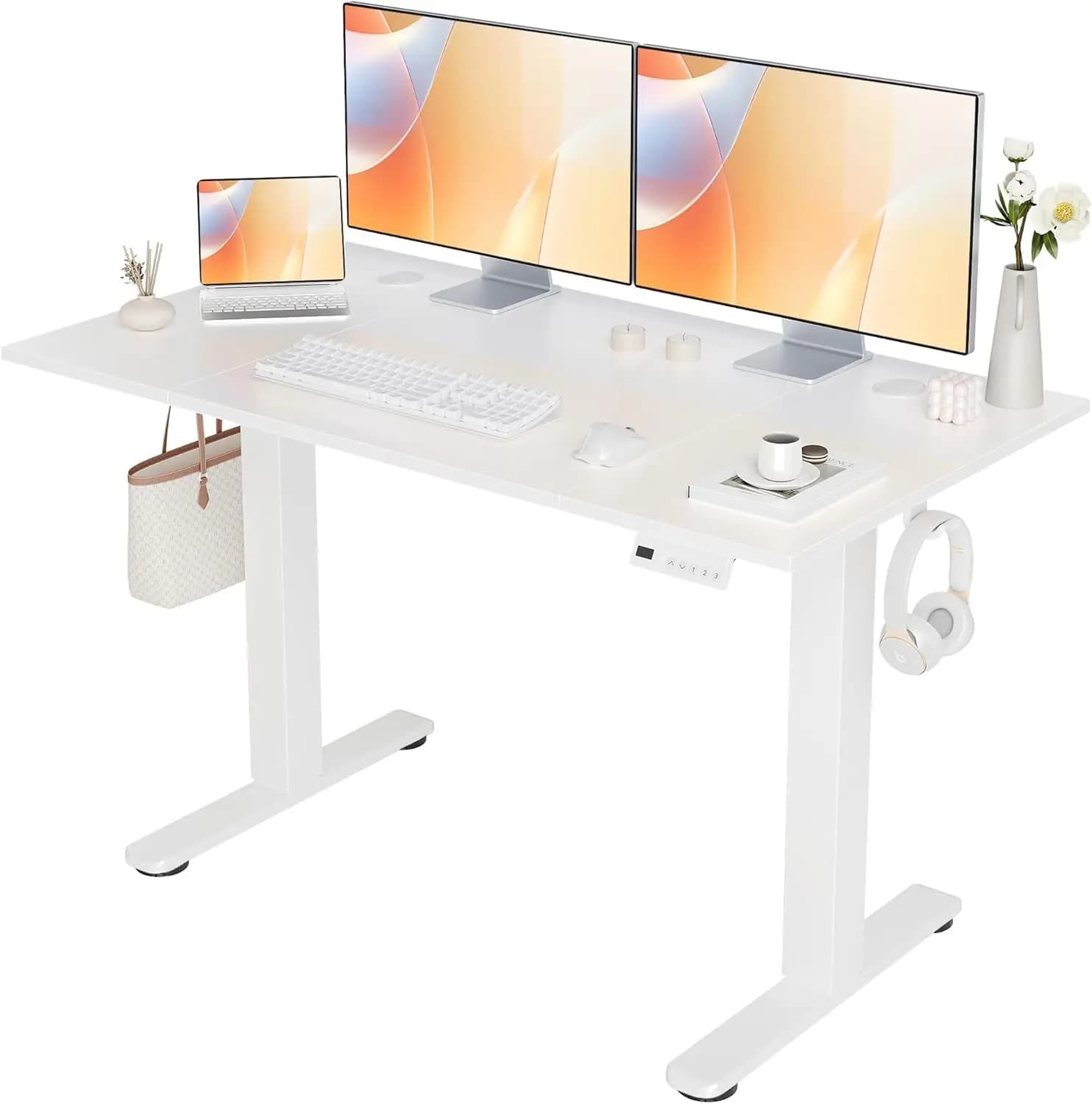 Scrivania Elettrica Regolabile in Altezza 48x24 Postazione di Lavoro Sit-Stand con Telaio a T, 3 Impostazioni di Memoria, Gestione Cavi, per Ufficio Domestico, Personalizzabile