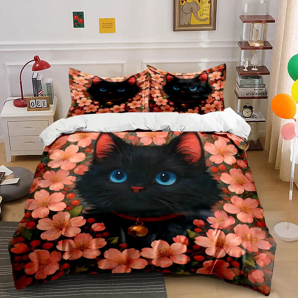 Black Cat Surrounded by Pink Blossoms Print Bedding Set 1 Duvet Cover 2 Pillowcases for Adult and Children Luxury Gift Full Size