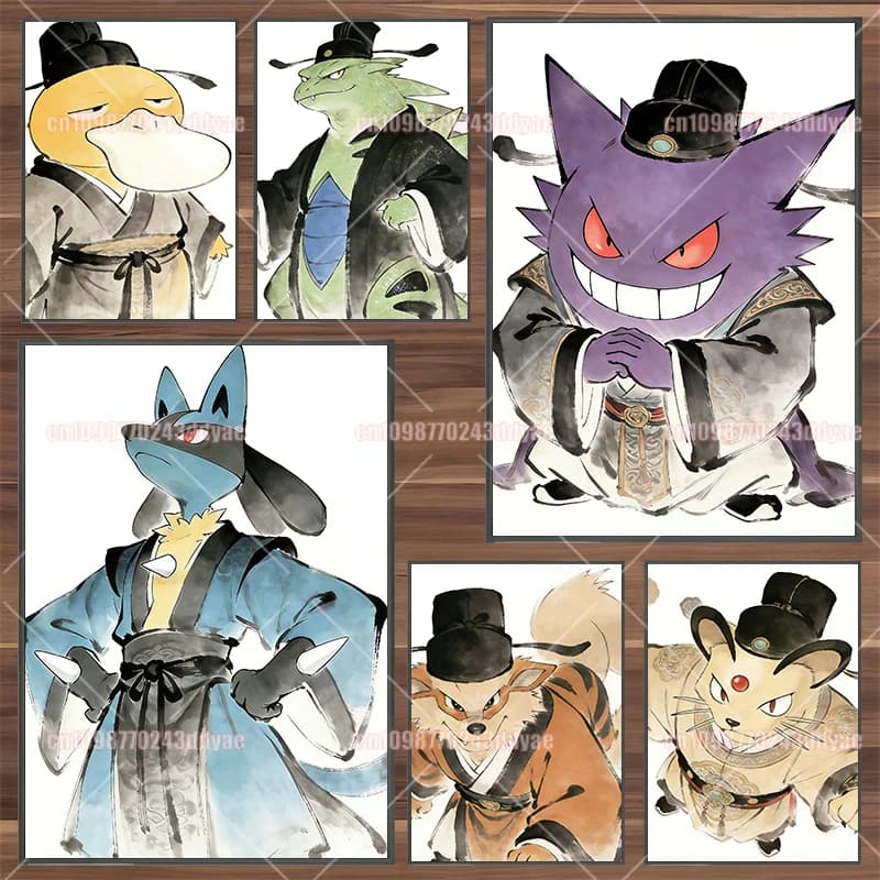 Pokemon Ink Antique Poster Gengar Psyduck Arcanine Lucario Gardevoir Print Anime Character Wall Art Print Living Room Decor