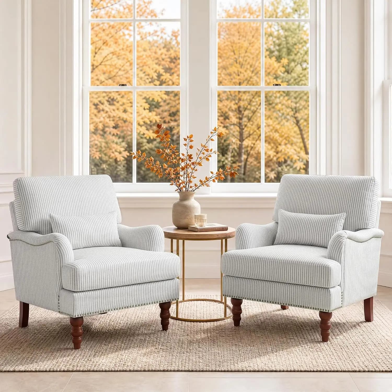 Mid Century Modern Accent Chair Upholstered Chenille Arm Chair Wood Frame Pillow Living Room Bedroom Comfy Reading Lounge Sofa Chair Small Spaces Pinstripe Green Set Of 2