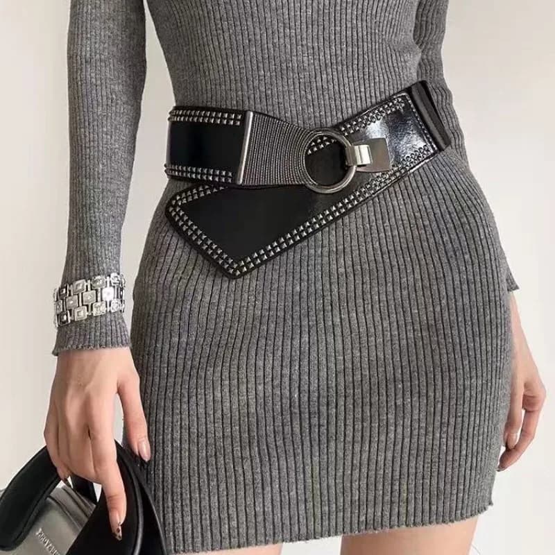 Ladies' wide belt with rivets in punk style for versatile use with dresses; elastic and fashionable.