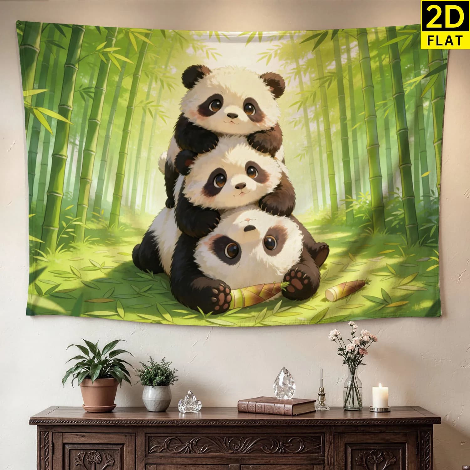 Adorable Panda Bear Family Bamboo Forest Tapestry Wall Hanging Jungle Decor Art for Home Nursery Living Room Polyester Print