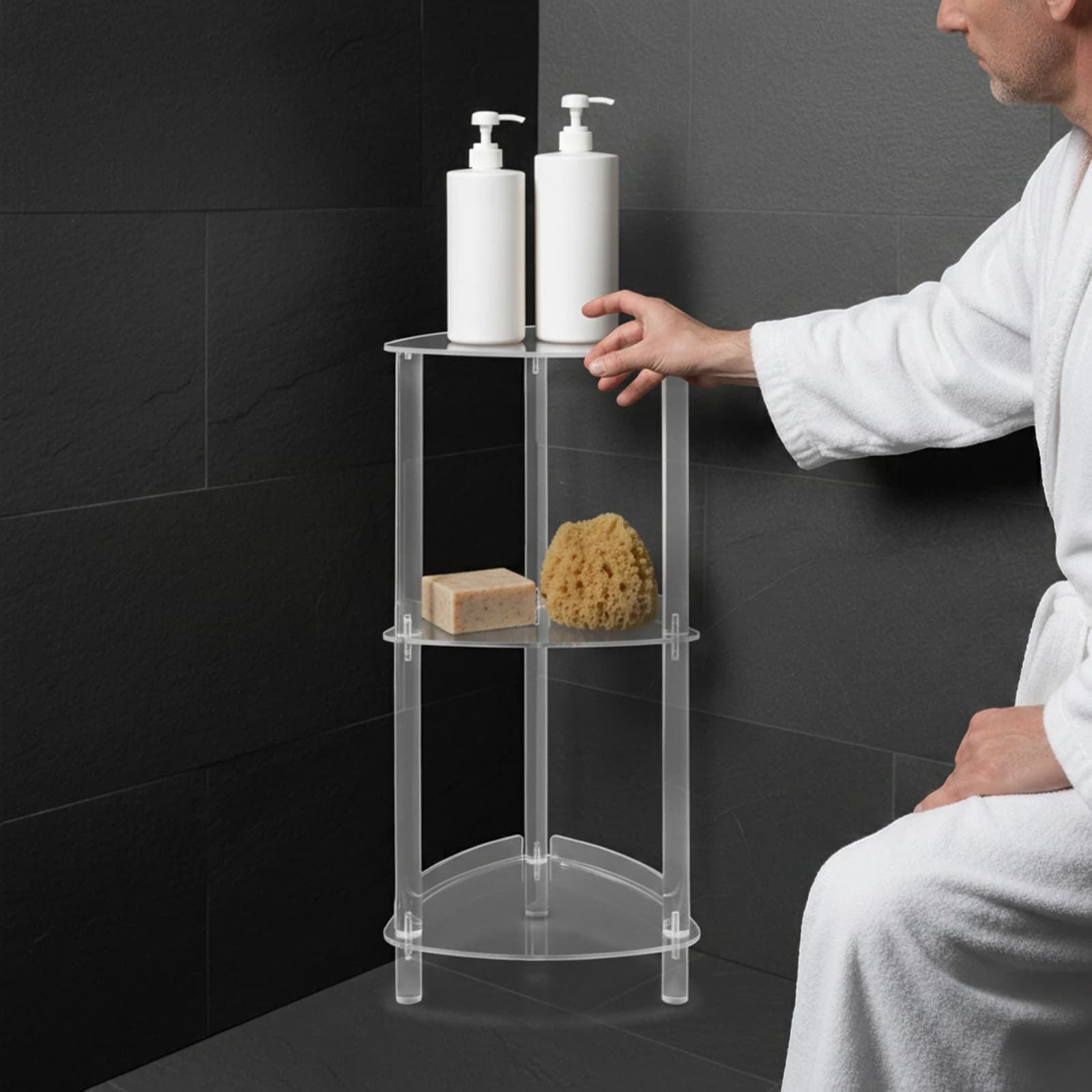 Organizzatore doccia triangolare, portaoggetti doccia in acrilico da terra, scaffale angolare a 3 livelli per bagno