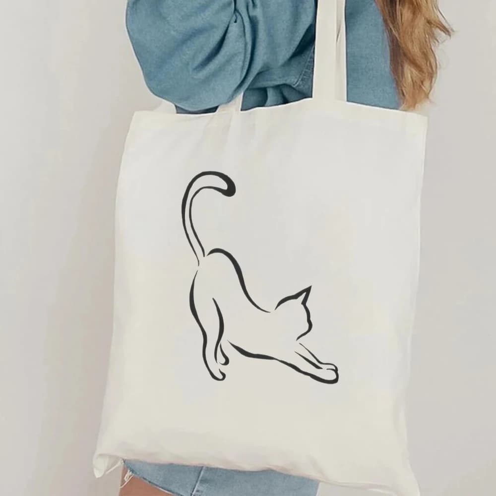 Minimalist Cat Line Art Canvas Tote Bag, Reusable Shoulder Bag with Cute Silhouette Design, Great for Cat Lovers & Everyday Use