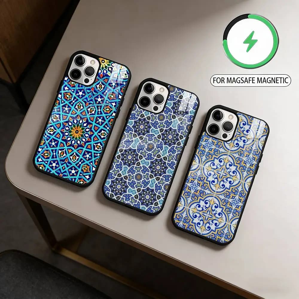 Art Tile Moroccan pattern Magnetic For Magsafe Wireless Charging Phone Case For iPhone17,16,15,14,13,12,11 Plus,Pro Max