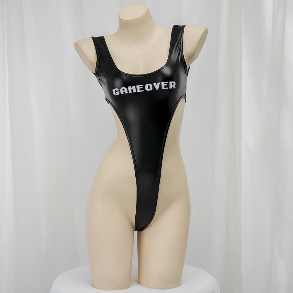 Game Over Letter Print Bikini Swimsuit Sexy High Cut Thong PU Bodysuit Women Girl Swimwear Beach Bathing Suit Jumpsuits Lingerie