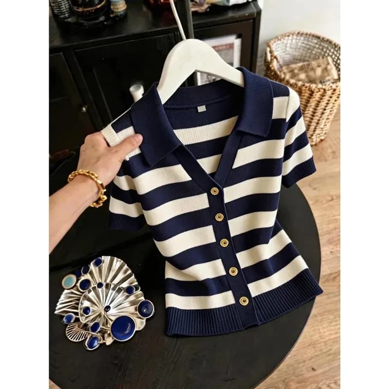 FANAN Summer2026 plus Size Striped Collared Short Sleeve T-Shirt Women's Luxury Lightweight Slimming Top Fashionable Casual Wear