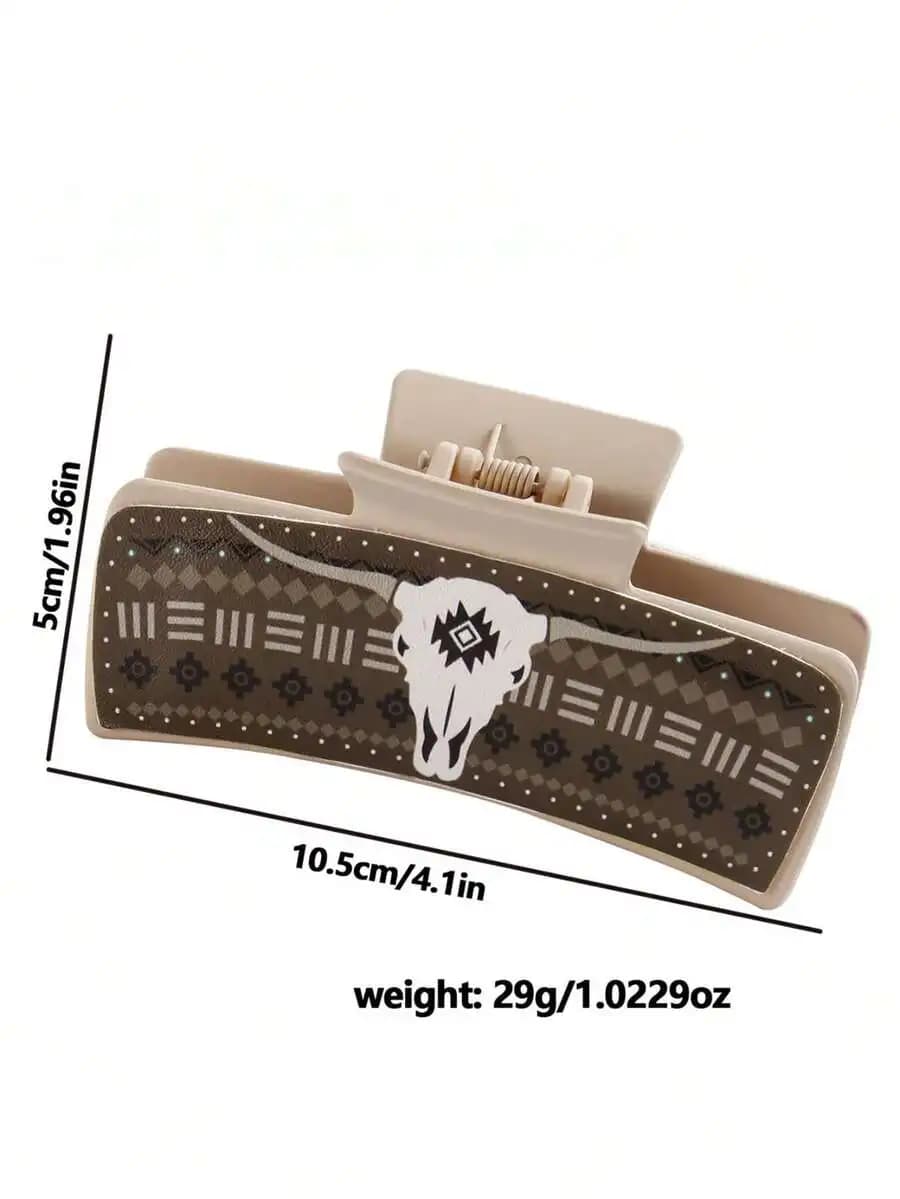 Fermaglio per capelli in pelle stile western con teschio di mucca e motivo geometrico, accessorio per capelli boho da donna