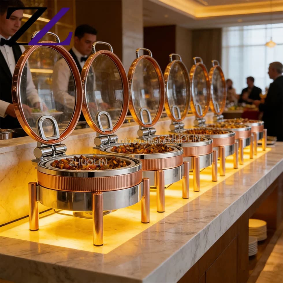 Luxury Buffet Set for Restaurants and Hotels: High Range Stoves, Rose Gold Scales, Chafing Set Dish