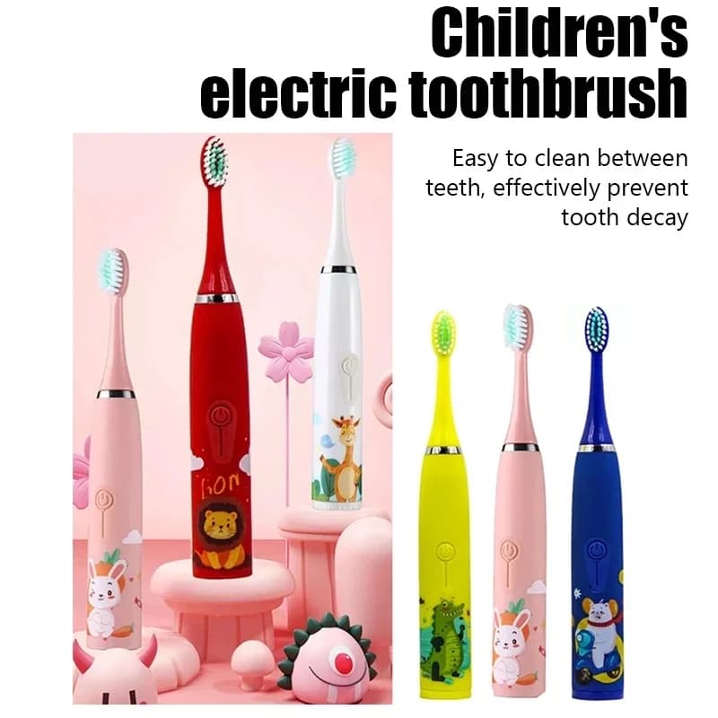 Children's ultrasound electric toothbrush, rechargeable, with soft bristles, cartoon design and spare brushes