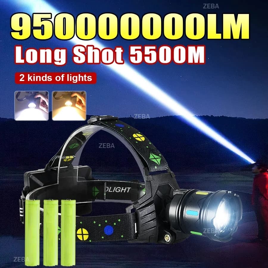Torcia Frontale LED ad Alta Potenza 950000000LM, Doppia Fonte di Luce, Ricaricabile, Zoom Regolabile, per Campeggio e Pesca