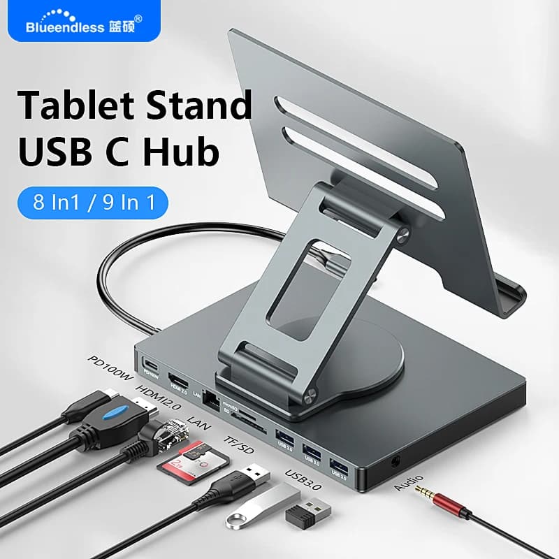 Blueendless Ipad Stand USB C Hub 4K 60HZ HD Type-C 100W PD SD/TF Slot Reader USB 3.0 5Gbps 9 In 1 Type-C Hub Ipad Holder