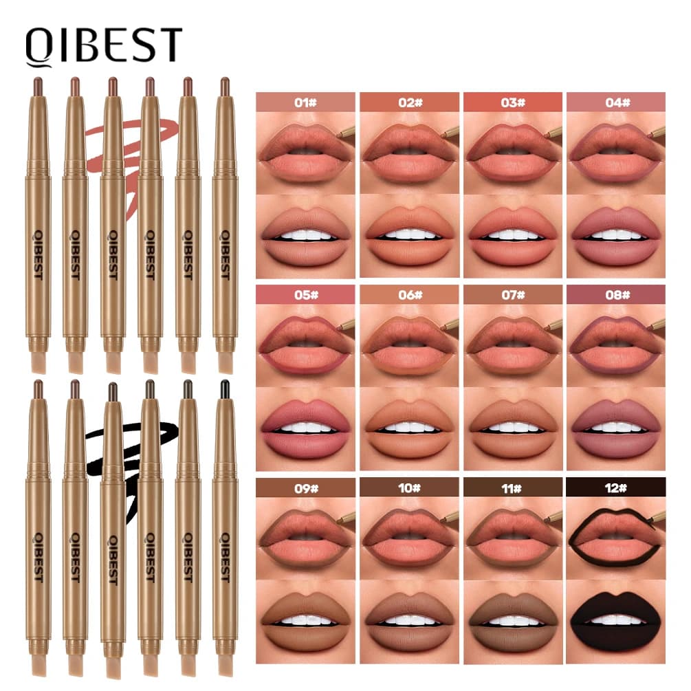 QIBEST Matita per labbra e pennello a doppia estremità 2 in 1 Stick Nebbia Matte Contorno Tinta Rossetto Matita Matita per labbra nera nuda Trucco duraturo