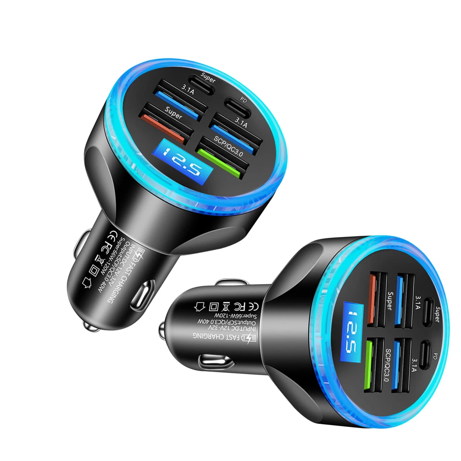 UYUXIO 6 in 1 USB C Car Charger with Voltage Display Multi Port Fast Charge Adapter with Volt Meter for iPhone 17 16 Samsung