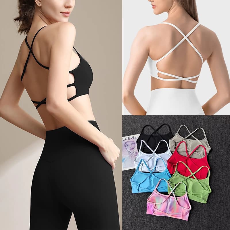 Reggiseno sportivo colorato con spalline e schiena incrociata sexy, supporto leggero e tessuto ad asciugatura rapida, ideale per allenamenti estivi e per la stratificazione