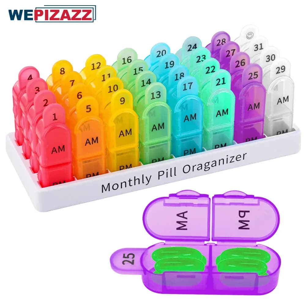 1 set of pills from 31 days, 2 times a day, AM PM, weekly pills for fish oil, vitamins, supplements