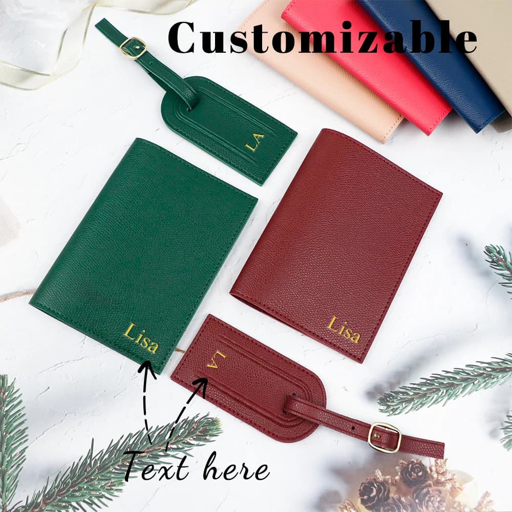 Etichetta per bagagli anti-smarrimento in pelle PU con lettera personalizzata + set da due pezzi per documenti da viaggio e porta passaporti