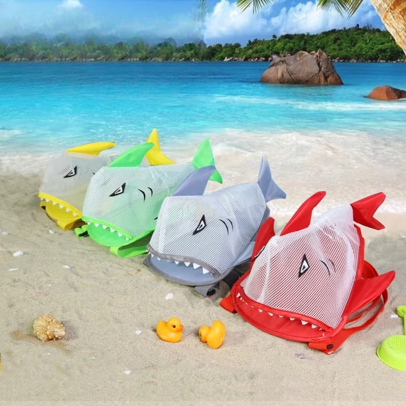 Borsa da spiaggia per bambini con squalo Borsa estiva in rete per cartoni animati Zaino a conchiglia in nylon leggero impermeabile con tracolla regolabile per viaggi in piscina